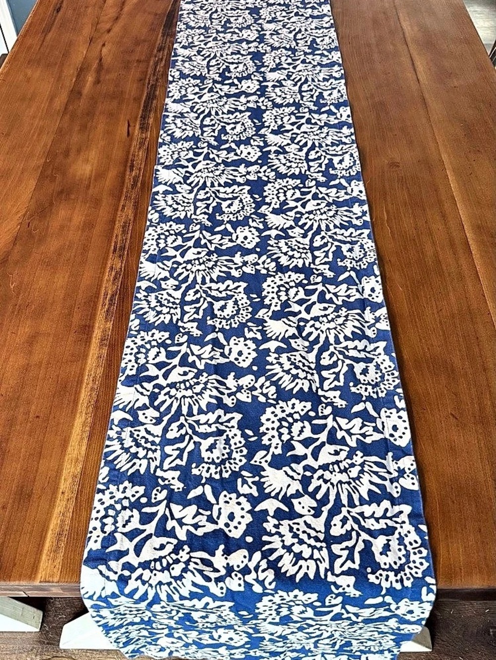 Crate & Barrel Tamara Floral Table Runner in Blue & White